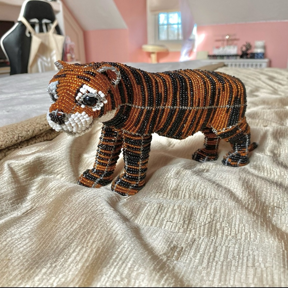 Handcrafted Beaded Tiger Figurine - Orange and Black